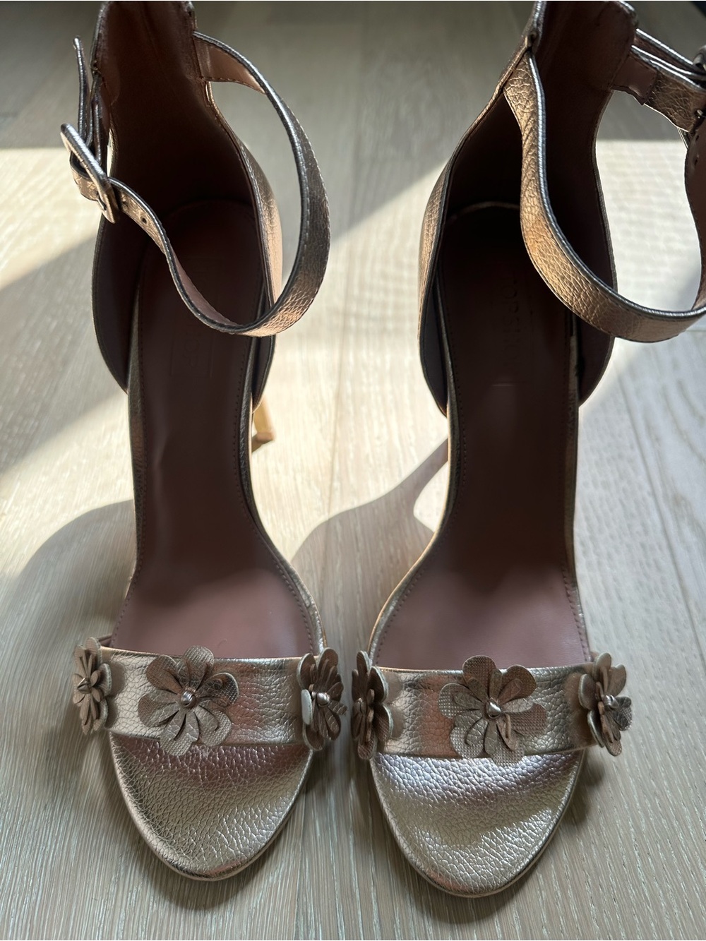 Topshop Gold Floral Ankle-Strap Heels